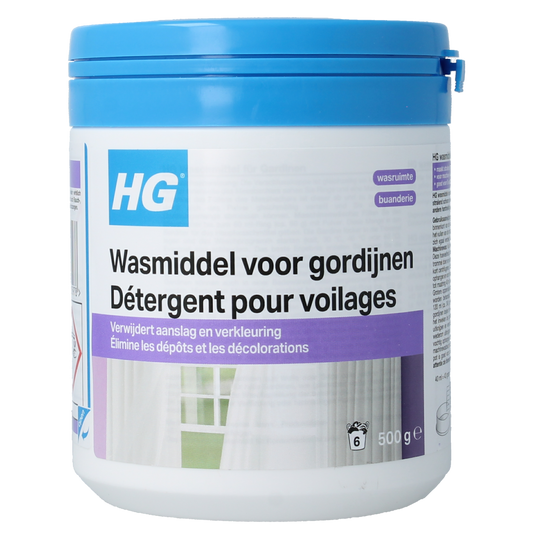 HG Vitrage cleaning detergent 500g for window and curtain maintenance, in a white and blue bottle with a label.