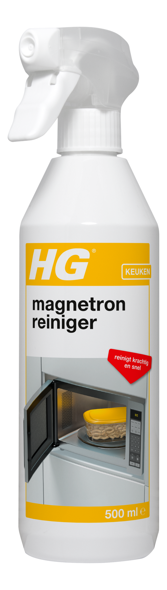 HG Magnetronreiniger 500ml cleaning spray for microwave ovens, clear liquid in a spray bottle, designed for easy microwave cleaning.