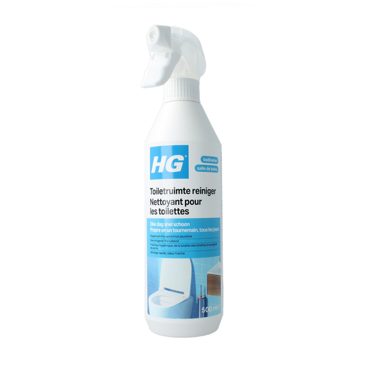 HG Toiletruimte reiniger 500ml bottle with spray nozzle, cleaning product for toilet areas in a household setting.