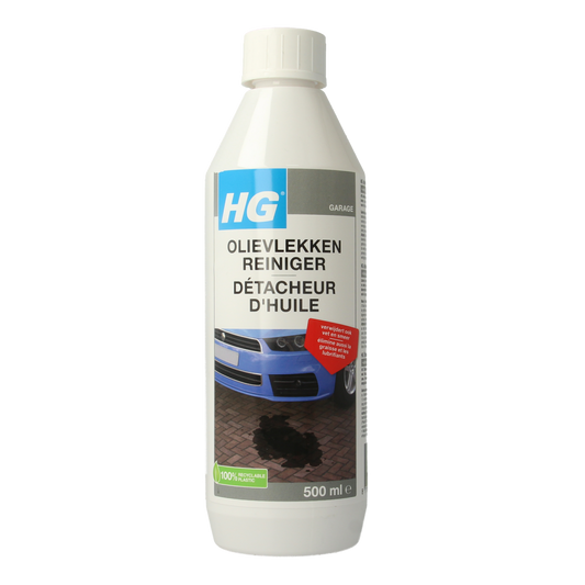 HG Olievlekken reiniger 500ml bottle for removing oil stains from fabrics and surfaces in household cleaning.
