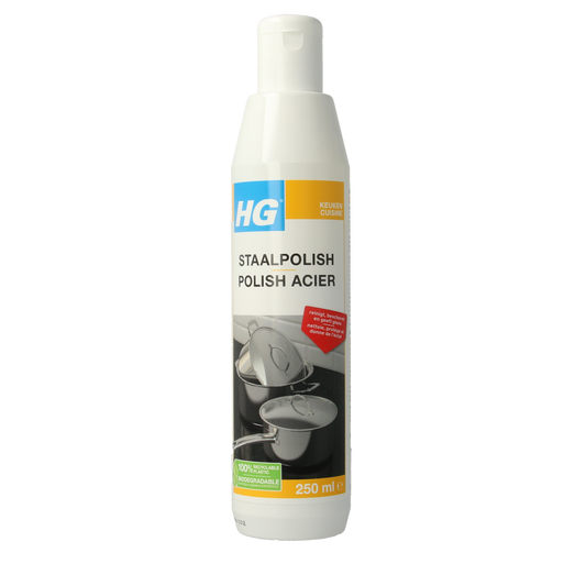 HG Staalpolish 250ml cleaning product for stainless steel surfaces, shown in a clear bottle with a white cap.