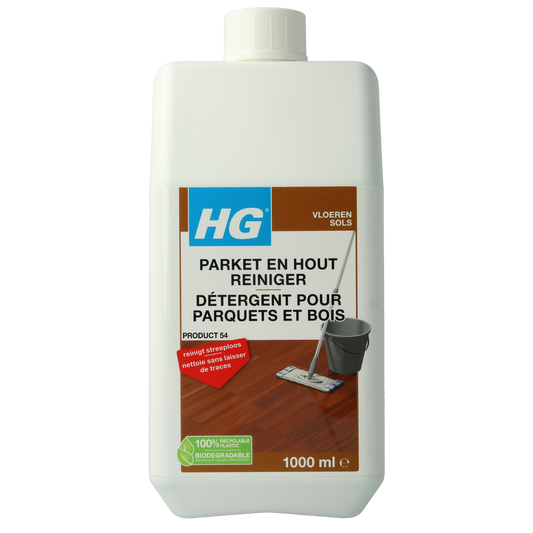 HG Parketreiniger 1L floor cleaner in a spray bottle, designed for hardwood and parquet flooring cleaning.