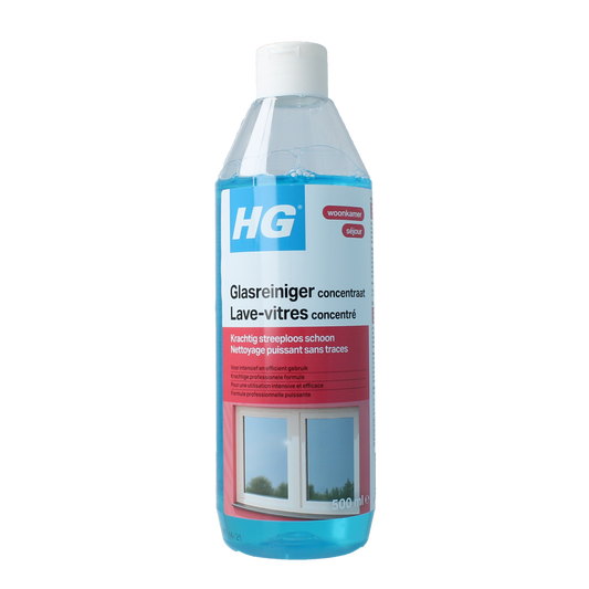 HG Glas reiniger concentraat 500ml bottle with label, a cleaning product designed for glass surfaces.
