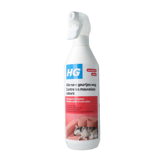 HG Alle nare geurtjes weg spray in 500ml bottle, a cleaning product for eliminating unpleasant odors.