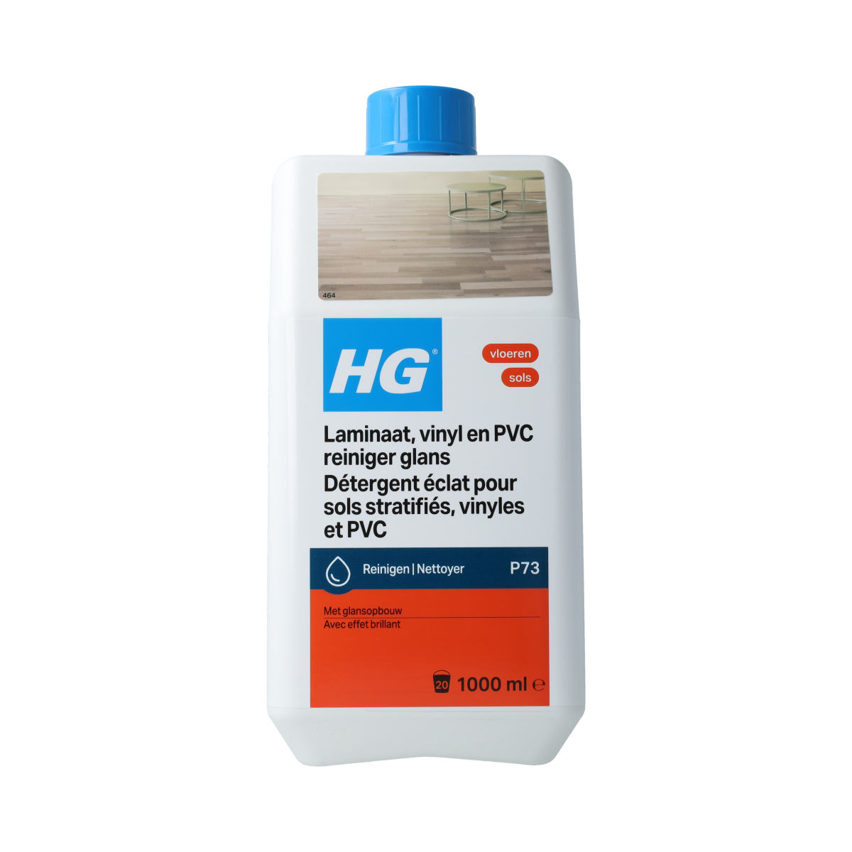 HG Laminaatreiniger glans cleaner in 1 liter bottle, suitable for cleaning and shining laminate surfaces in home or office.