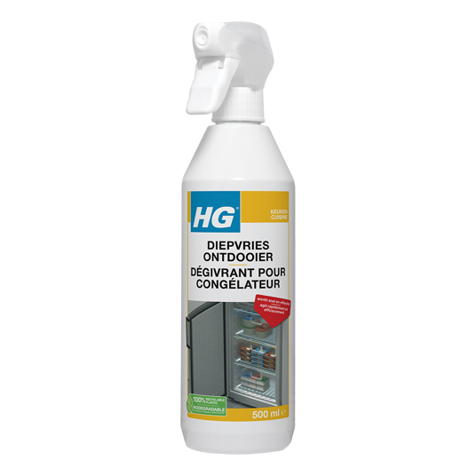 HG Diepvries ontdooier schoonmaakmiddel in 500ml bottle, used for defrosting and cleaning freezer surfaces.