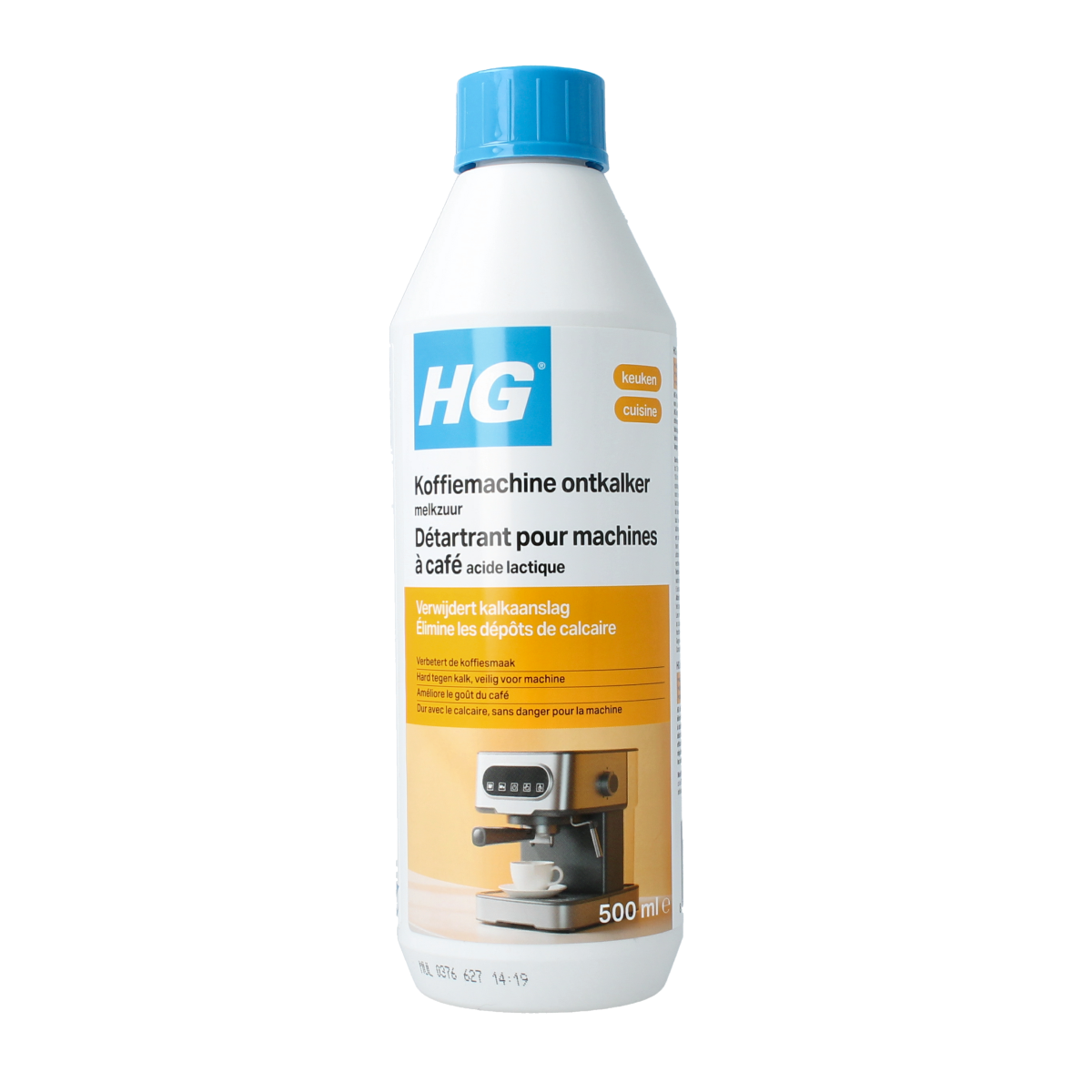 HG Koffiemachine ontkalker melkzuur cleaning product for coffee machines, 500ml bottle with label and cap.