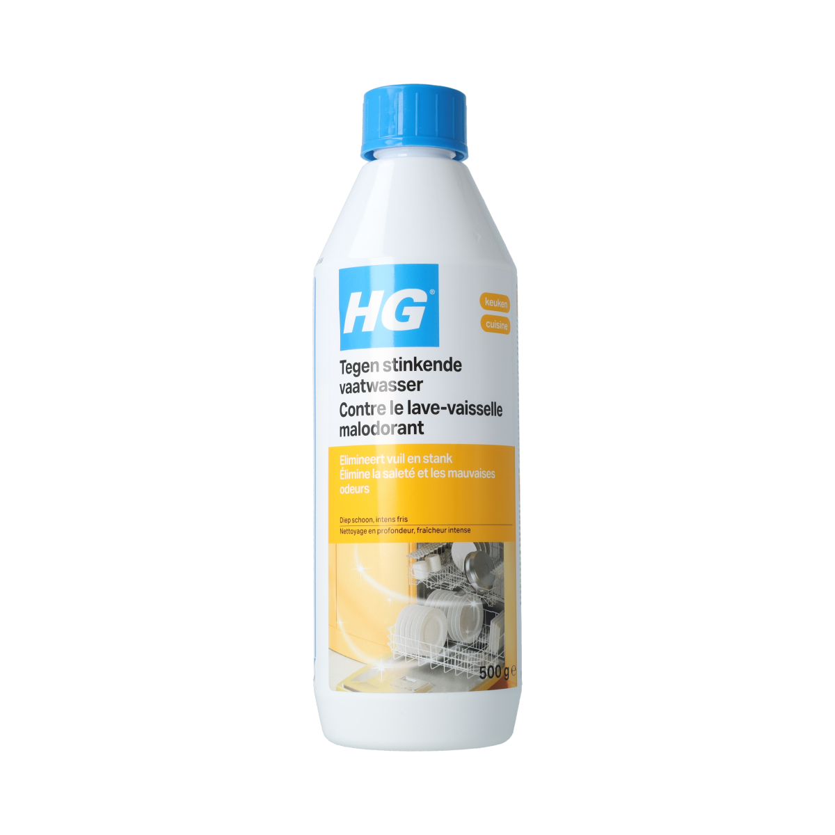 HG Tegen stinkende vaatwasser schoonmaakmiddel, 500g, for eliminating odors and cleaning dishwashers effectively.