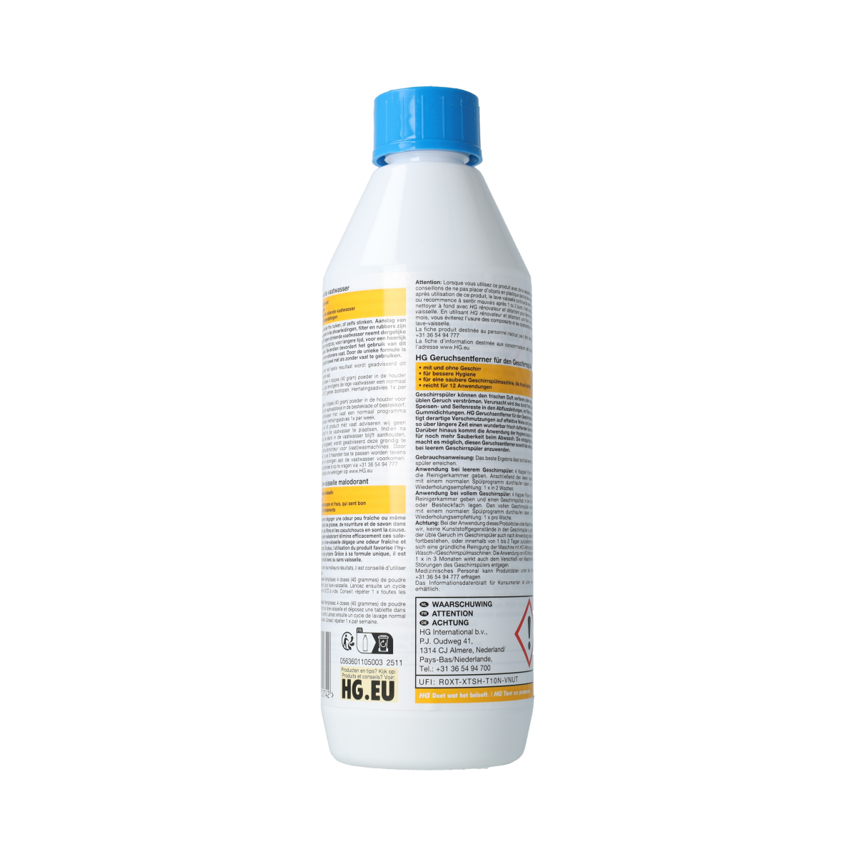 HG Tegen stinkende vaatwasser schoonmaakartikel with 500g to eliminate dishwasher odors, shown in the image.