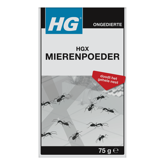 HG Mierenpoeder pesticide in a 75g container, natural ant killer powder for pest control.