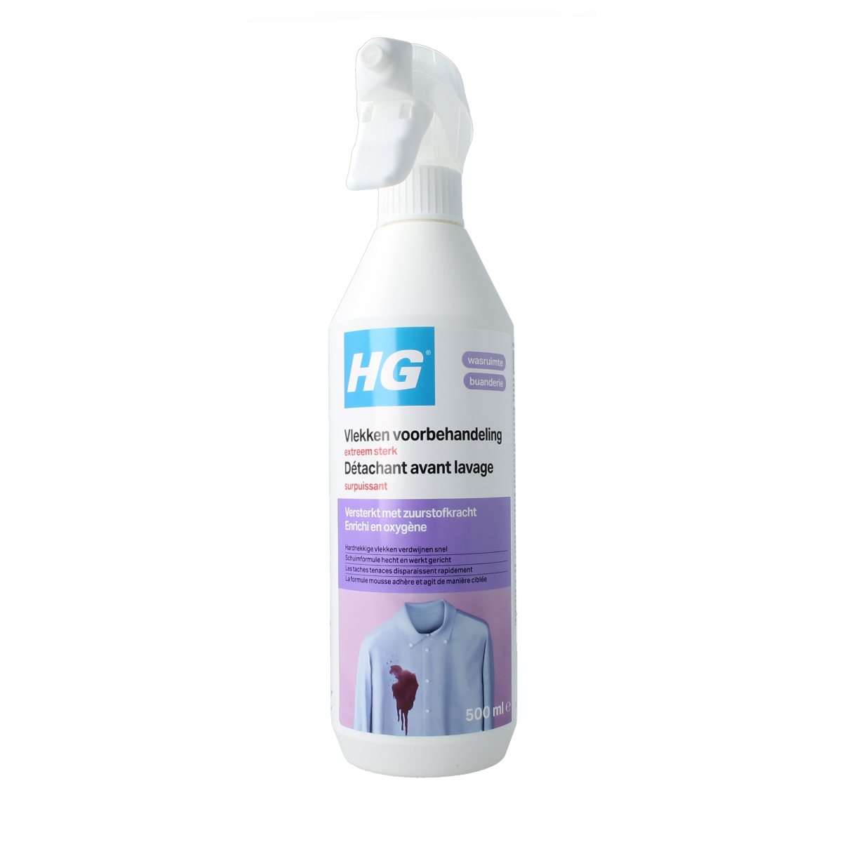 HG Vlekkenvoorbehandeling extreem sterk schoonmaakartikel in 500ml spray bottle, designed for stain removal.
