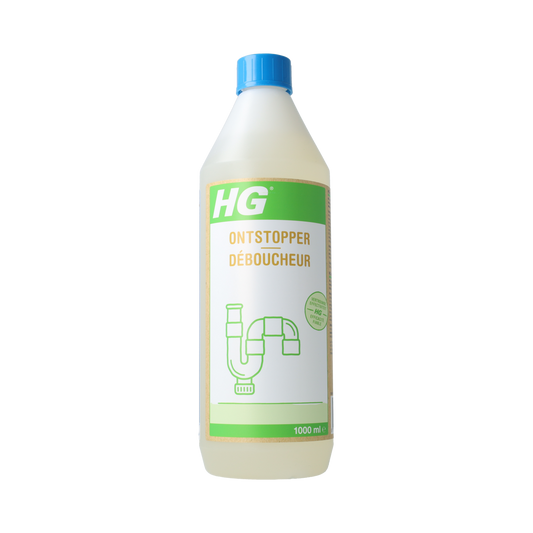 HG Eco ontstopper 1.00 liter cleaning product bottle for unclogging drains, with a green cap and clear labeling.