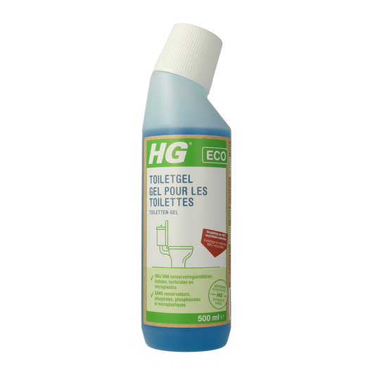 HG Eco toilet gel in a 500ml bottle, designed for toilet cleaning and freshness, with a green label and nozzle applicator.
