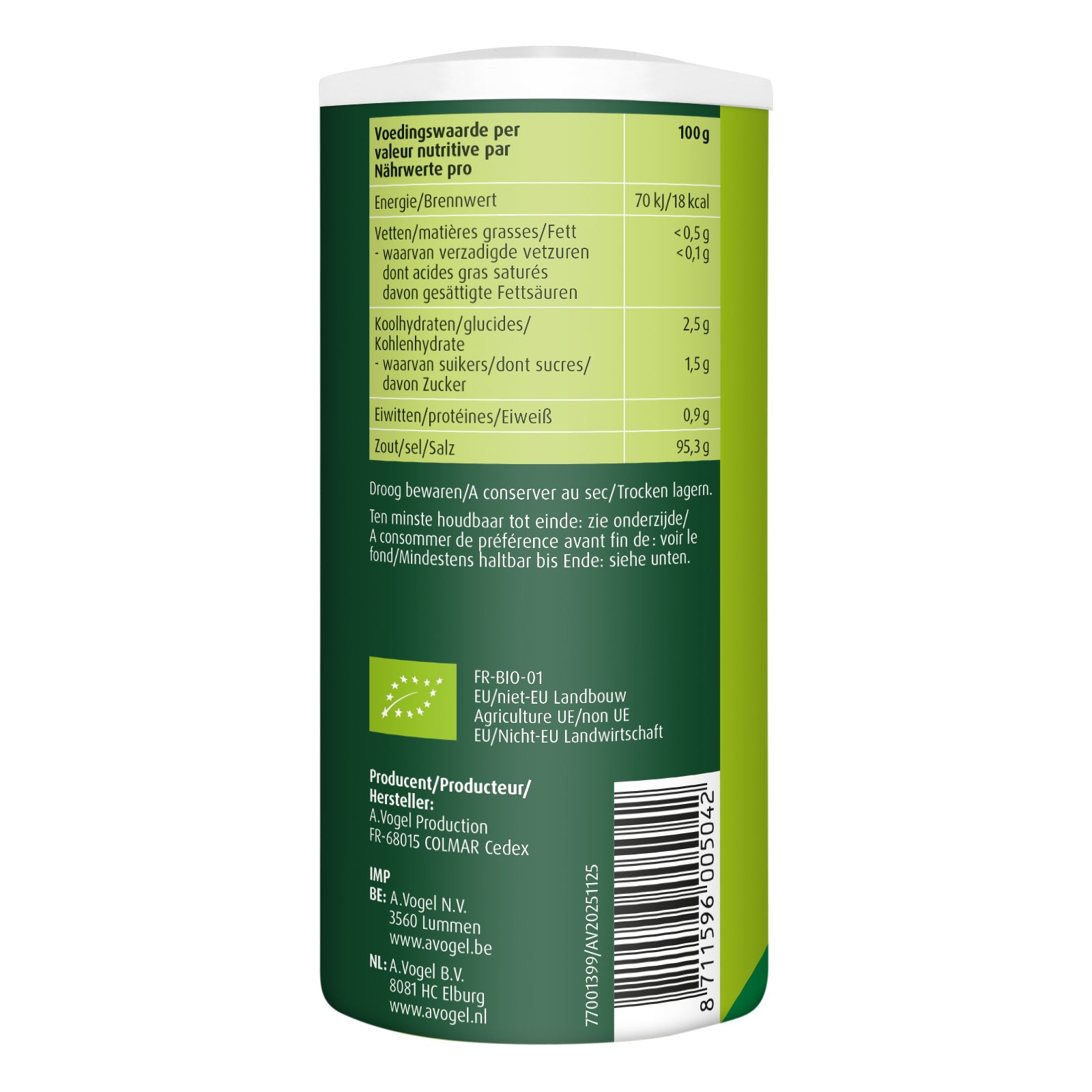 A Vogel Herbamare kruidenzout bio 250g jar showing the herbal seasoning blend with salt and spices in a clear jar.