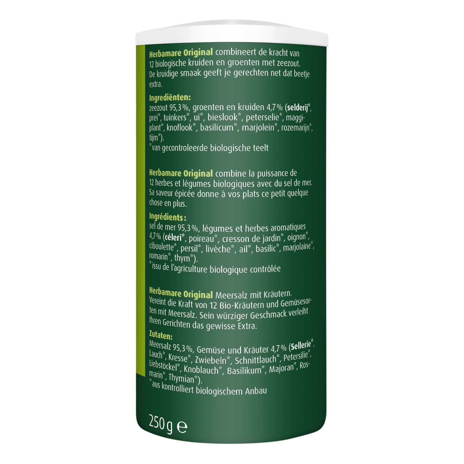 A Vogel Herbamare kruidenzout bio, 250g jar, featuring a blend of herbs and sea salt in a clear glass container.