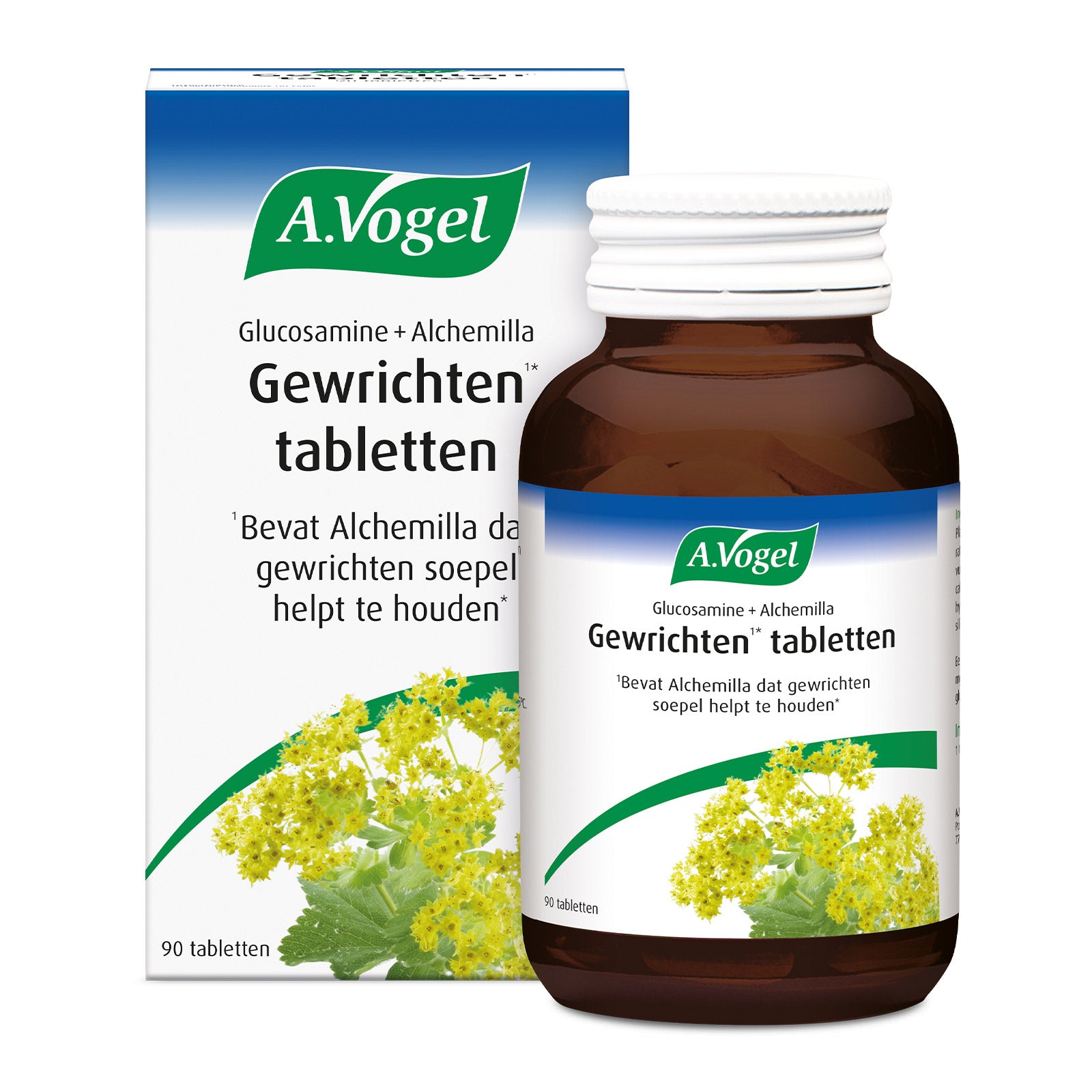 A Vogel Alchemilla glucosamine herbal supplement tablets in a bottle, designed for joint health and herbal wellness.