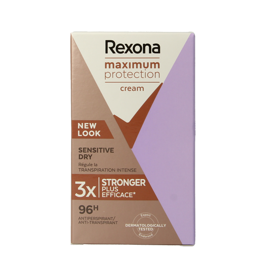 Rexona women's deodorant stick max protection sensitive 45ml, featuring a sleek white container with blue accents.