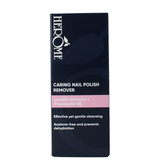 Herome Caring nail polish remover in a 120ml bottle, hand care product with a clear liquid and labeled cap.