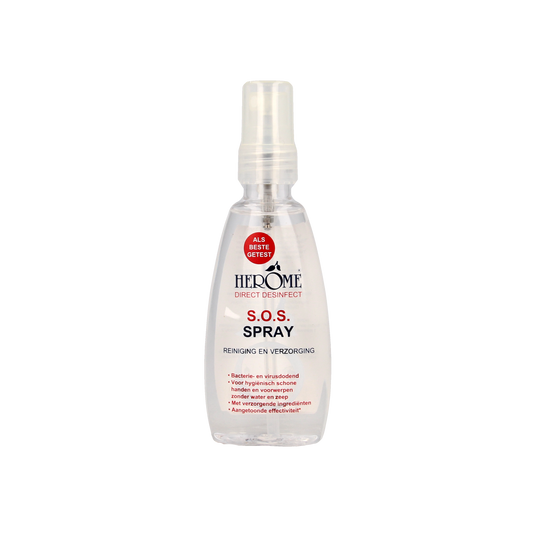 Herome Direct disinfectant spray bottle with 75ml capacity, featuring a white spray nozzle and clear label.