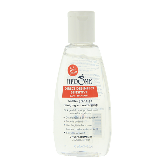 Herome Direct Desinfect ongeparfumeerd handverzorging in 75ml bottle, suitable for sensitive skin, with pump dispenser.