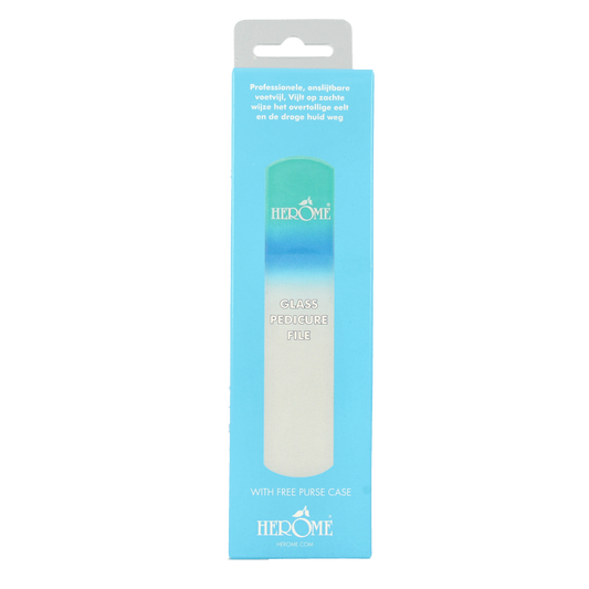 Herome glass pedicure file for hand and foot care, showing a clear, textured surface for smoothening nails and skin.