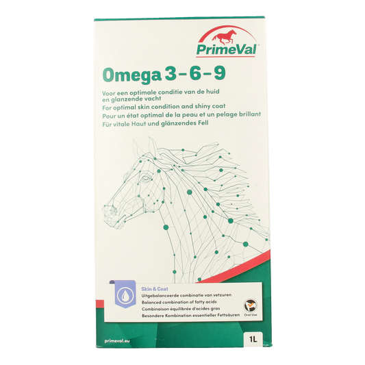 Primeval Omega 3-6-9 horse supplement in 1-liter bottle, nourishing dietary supplement for equine health and wellness.