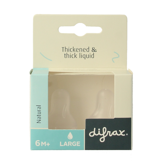 Difrax large natural baby bottle nipple for 6+ months, two-piece set, soft silicone teat for feeding infants.