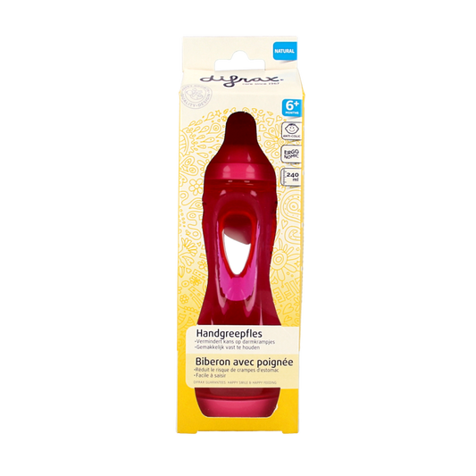 Difrax handgreep fles groot assorti, compatible with baby bottles and pacifiers, shown in natural color on white background.