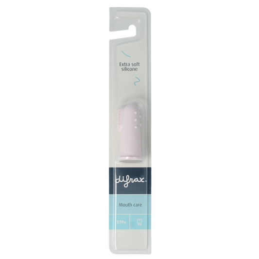 Difrax Vingertop tandenborstel for infants, soft bristles, designed for gentle cleaning of baby teeth and gums.