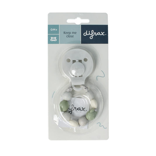 Difrax baby pacifier clip with a beer bead design, featuring a soft, durable cord for attaching pacifiers or teething toys.