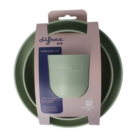 Difrax Lovi toddler dining set with pistachio-colored plate, cup, and utensils for young children.