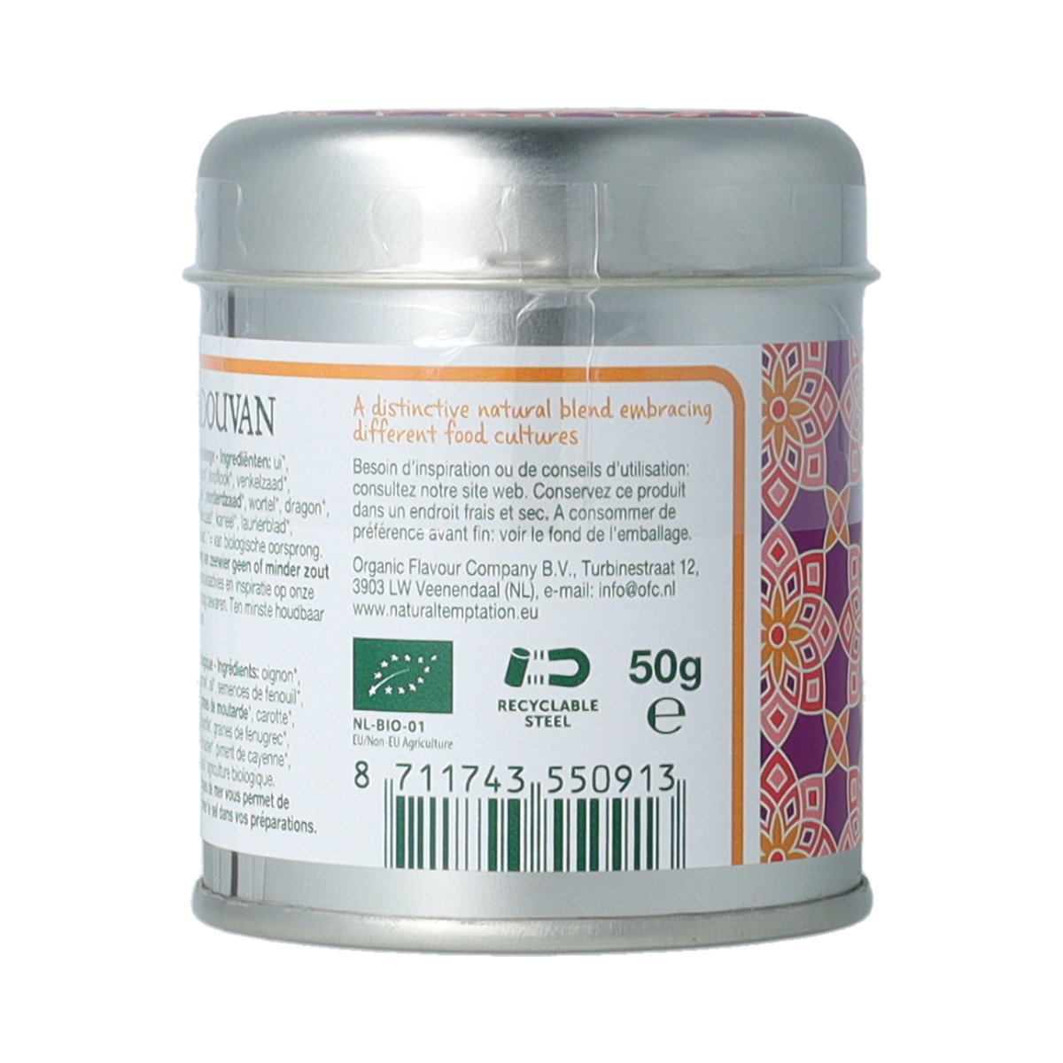 Natural Temptation Vadouvan spice mix in a 50g natural spices tin, featuring a blend of aromatic Indian-inspired herbs and spices.