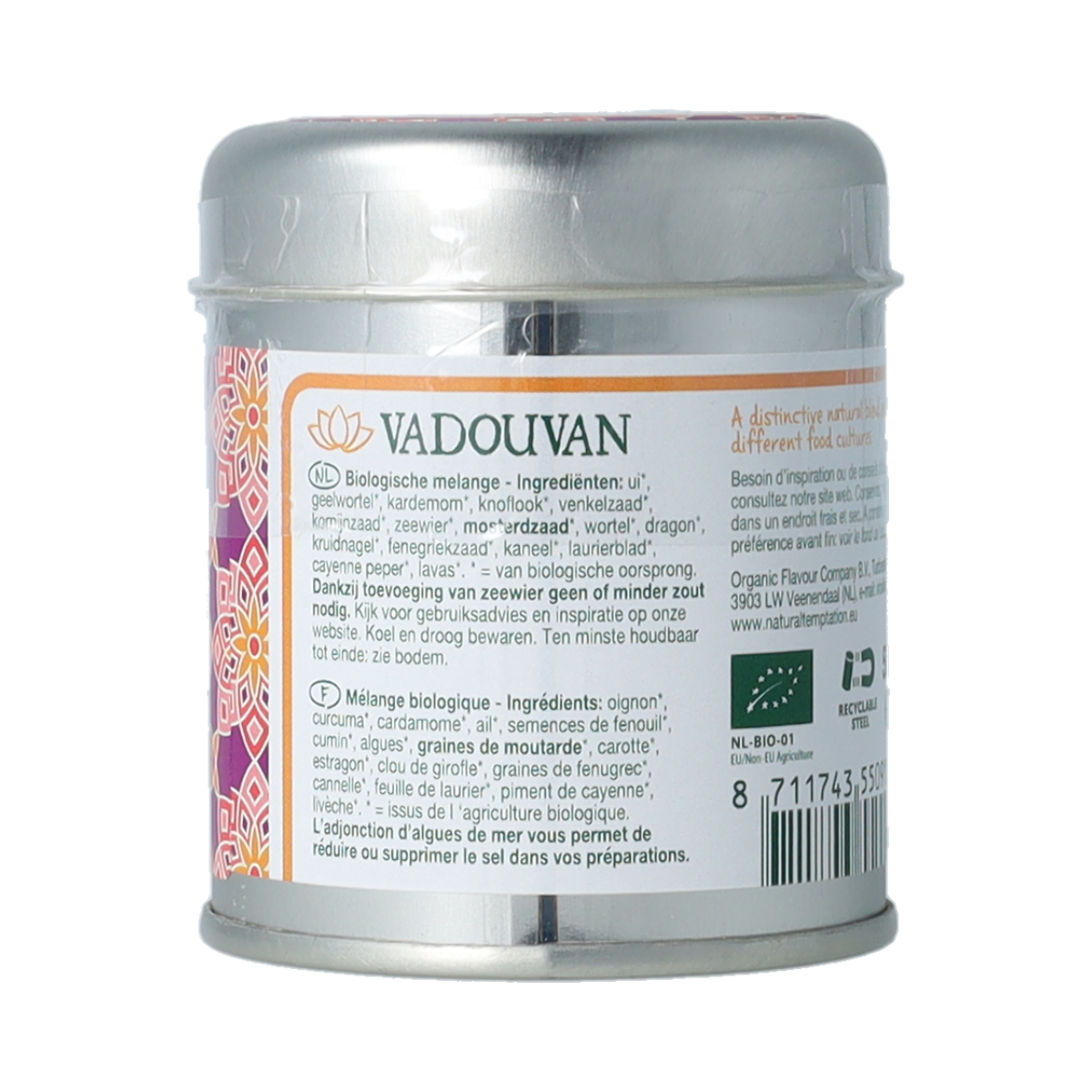 Natural Temptation Vadouvan spice tin with 50g of organic spices, featuring a colorful label and a black lid.