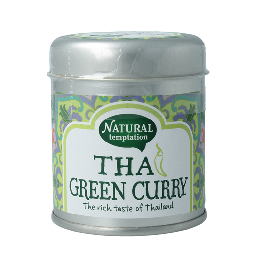 Natural Temptation Thai green curry seasoning mix in a 35g bio blikje, with herbs, spices, and ingredients for authentic flavor.