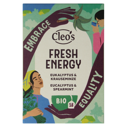Cleo's Fresh Energy Bio coffee and tea sachets, eco-friendly packaging, with vibrant branding and fresh product design.