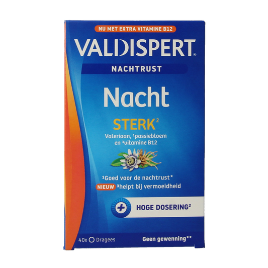 Valdispert Nacht sterk herbal supplement with 40 dragees in a blister pack, designed to support restful sleep.