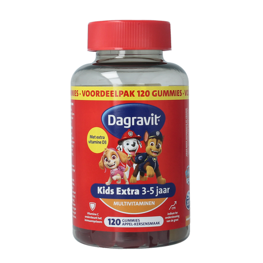 Dagravit Kids-xtra multivitamin gummies for ages 3-5, showing colorful fruit-flavored chewable vitamins in a clear container.