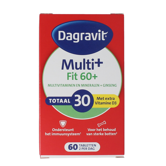 Dagravit Totaal 30 vitaal multivitamin tablets for ages 60+ in a blister pack, featuring various colorful tablets.