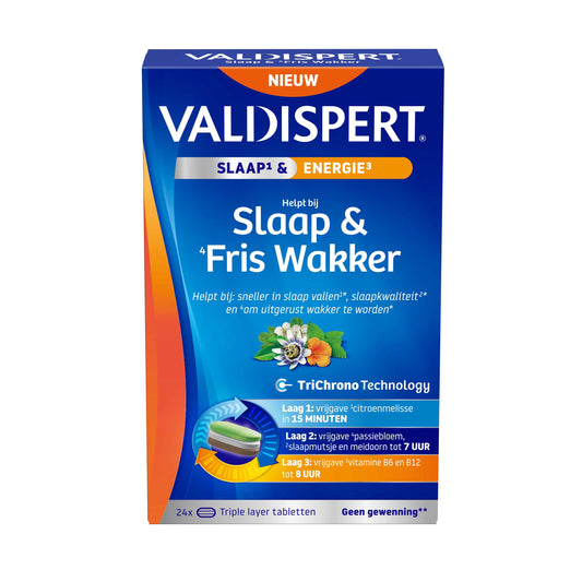 Valdispert Slaap & Fris Wakker herbal tablets in a blister pack, natural herbal supplement for sleep and alertness.