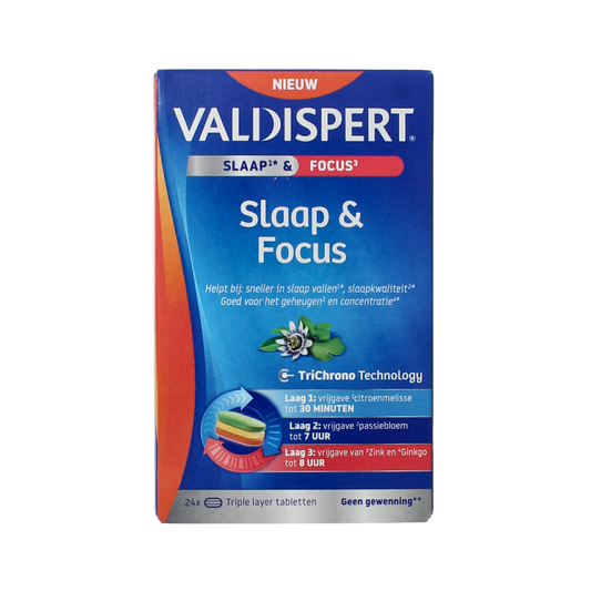 Valdispert Slaap & Focus herbal supplement tablets in a blister pack, natural remedies for better sleep and focus.