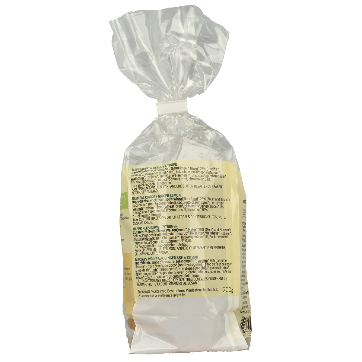 Billy's Farm ginger-citroen bio Haverkoeken, 200g, showing golden, crunchy biscuits with ginger and lemon flavor.