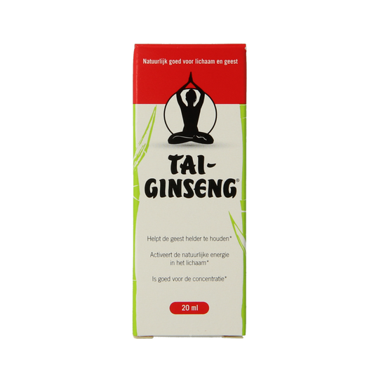 Tai Ginseng elixir bottle showing herbal supplement in a 20ml container, part of Tai Ginseng's herbal preparations collection.