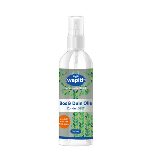 Wapiti Bos & Duin huidolie in 100ml bottle, natural body care product with a clear label and pump dispenser.