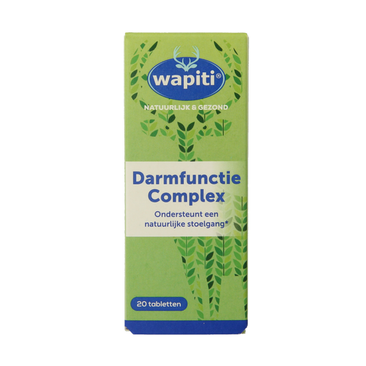 Wapiti Darmfunctie Complex herbal supplement in a box of 20 tablets, featuring natural herbal ingredients for digestive support.