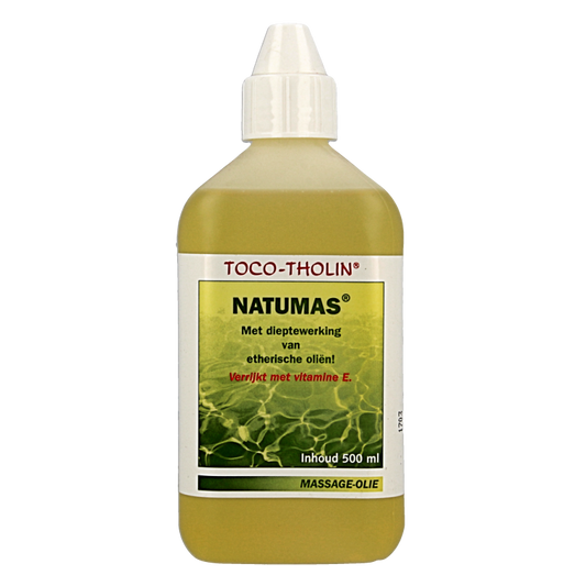 Toco Tholin Natumas massage oil bottle, 500ml, in a clear plastic container with a white cap, labeled for body care.