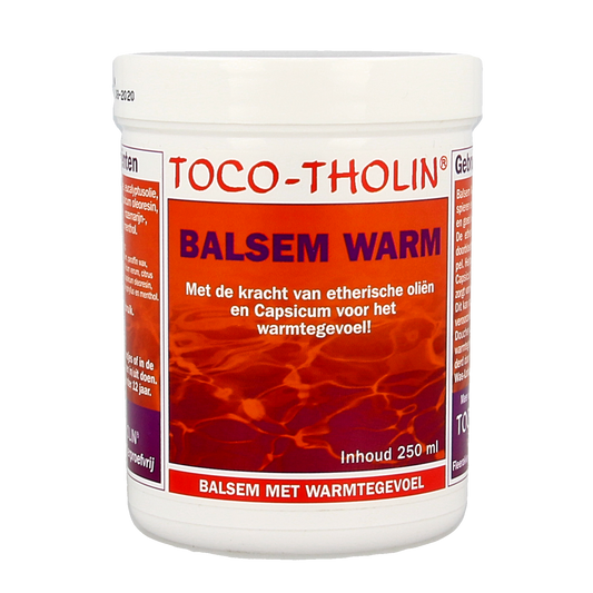 Toco Tholin Balsem Warm 250ml for muscle and joint care, featuring a smooth cream texture in a white jar