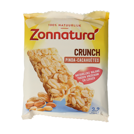 Zonnatura Pinda Crunch snack pack with 45 grams, showing crunchy peanut snack in a clear package.