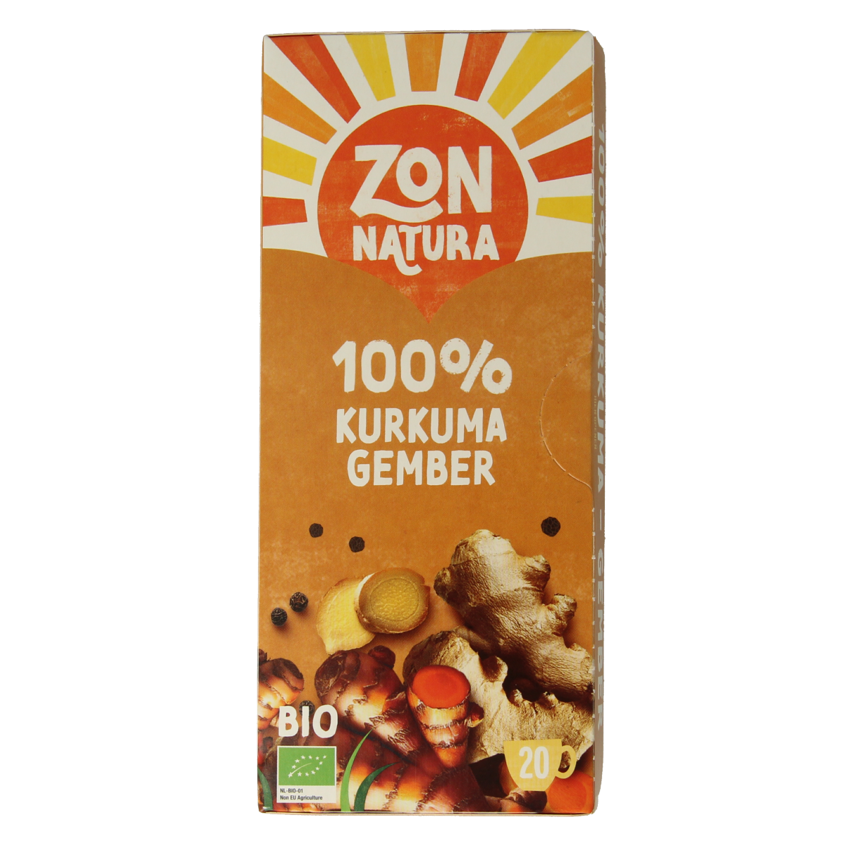 Zonnatura bio turmeric ginger herbal tea in a box of 20 tea bags, featuring turmeric and ginger ingredients.