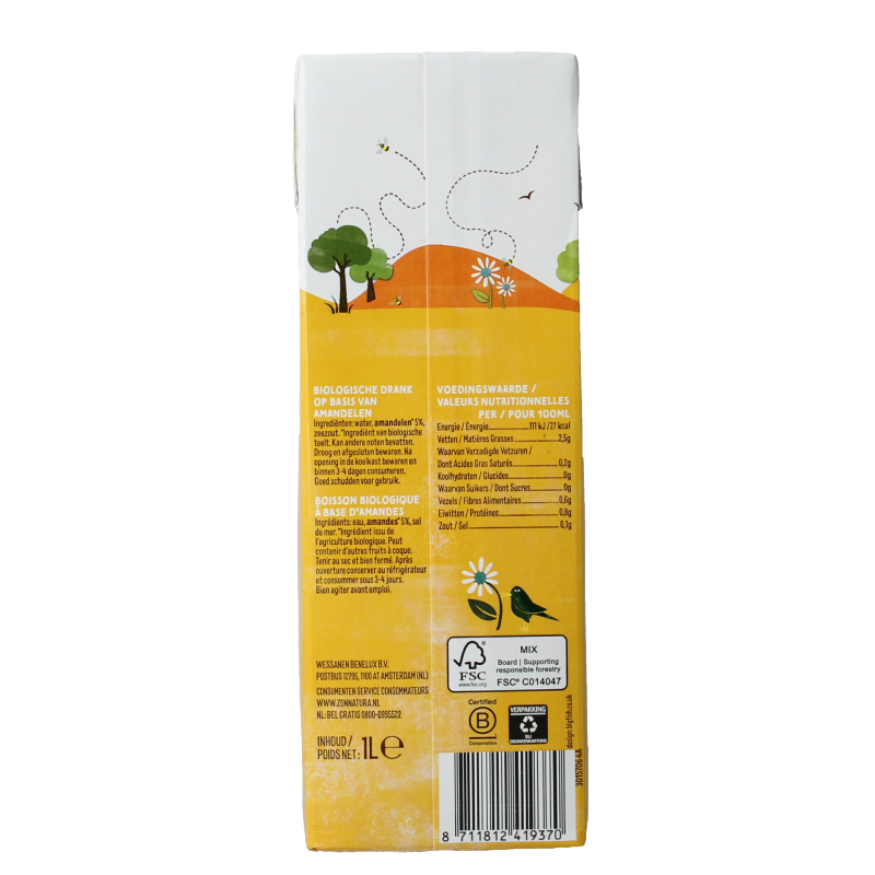 Zonnatura Amandel drink ongezoet bio 1 Liter
