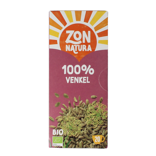 Zonnatura Venkel thee in 100% bio, 20 tea bags, natural herbal tea with fennel flavor, in packaging with brand logo.